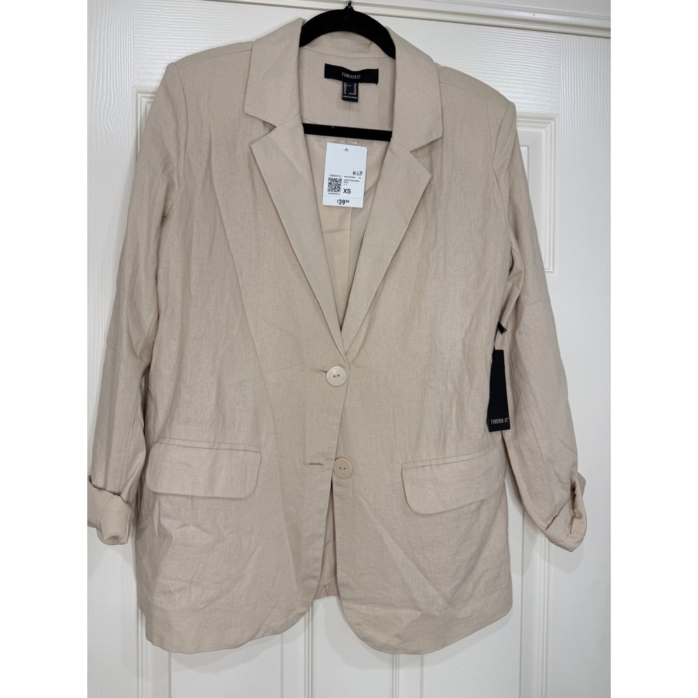 #79 FOREVER 21 Blazer XS Nude Linen Blend Two Button Notched Lapel NWT PTP 20.5"